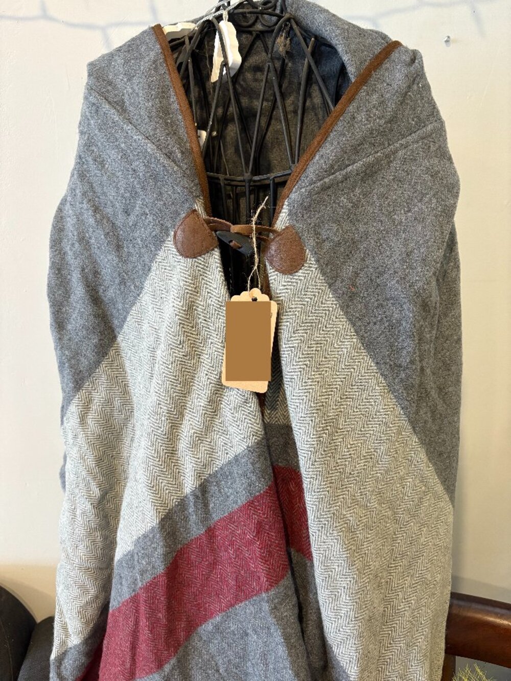 Roots Grey Knit Poncho with Leather Fastener